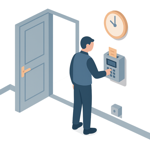 An illustration of the entrance of an office, with one faceless worker interacting with a time clock and time control machine.