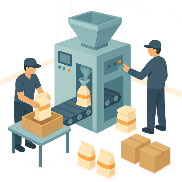 A clean, isometric flat-style digital illustration of a contemporary production factory. Inside, two faceless workers in minimalist blue and dark uniforms interact with the machinery and the products.