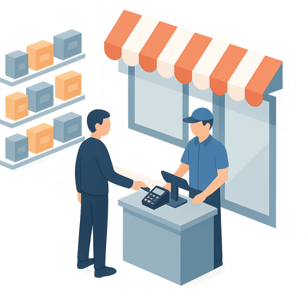 A clean, isometric flat-style digital illustration of a shop. Inside, one worker and one client interacts with a TPA machine.